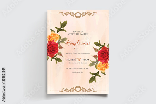 WEDDING INVITATION FRAME WITH FLOWER DECORATIONS AND FRESH LEAVES