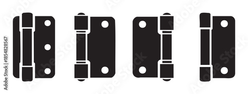 Four black door hinges vector icons representing various types of hardware used for doors, cabinets, and furniture, essential for construction and repair projects.