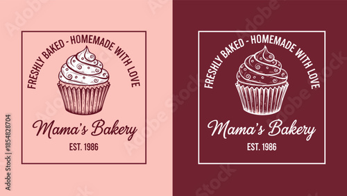 Mama’s Bakery vintage cupcake logo with freshly baked homemade typography, sweet dessert illustration design for bakery branding, packaging, apparel, signage, and cafe decor