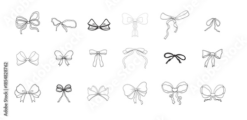 Thin ribbon bow accessory pink coquette set. Whimsical gift element vintage hand drawn for romantic invitation, birthday, card, wedding design