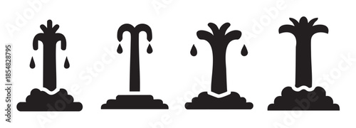 Four stylized water fountain geyser icons depicting various forms of splashing and flowing water, suitable for environmental or plumbing designs.