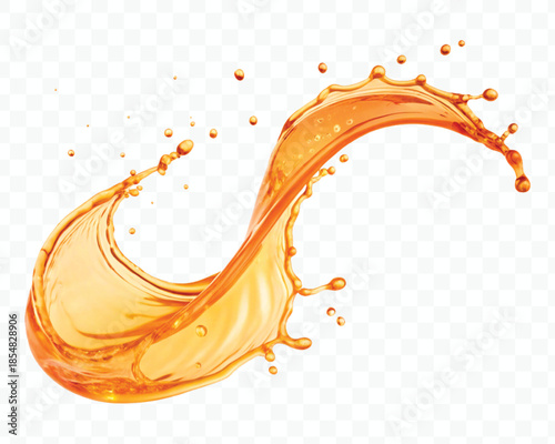 realistic fresh liquid honey or oil splash with drops  in curve style isolated on transparent background