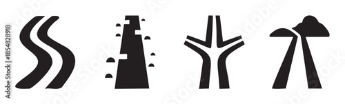 Industrial environmental infrastructure icons represent various elements of modern human impact, development, and the natural world in a minimalist graphic style.