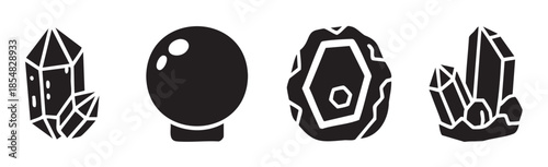 Various mystical crystals, geodes, and polished stones are depicted in a simple black and white graphic illustration, representing spirituality and natural beauty.