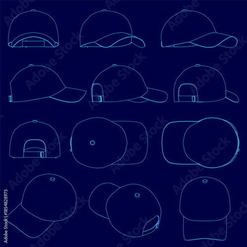 A pack of baseball caps with clean white contours stands out against a stark blue background. The minimalist design highlights their crisp outline and simple shape.