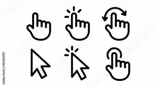 Set of hand and cursor icons representing various interactions and gestures.