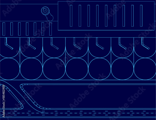 Detailed blueprint of a car engine compartment on blue background, highlighting pistons and valves with technical contour lines. This schematic is ideal for engineering or airport logistics. Top view