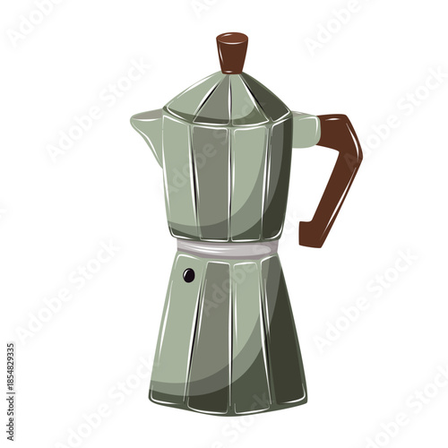 Classic moka pot coffee maker for espresso brewing. Hand drawn vector illustration isolated on white, ideal for coffee lovers, cafe branding, kitchen decor and beverage concepts.