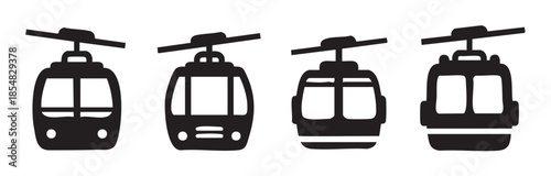 Four cable car icons, a collection of simple black and white graphic symbols representing various designs for mountain transport and ski resorts.