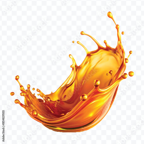 realistic fresh liquid honey or oil splash with drops  in curve style isolated on transparent background