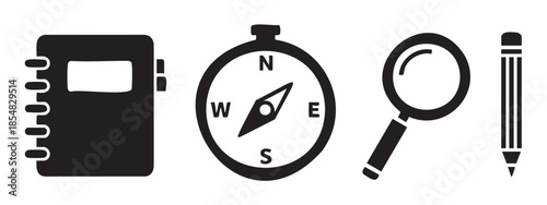 Notebook compass magnifying glass and pencil icons representing essential tools for planning, exploration, research, and learning in a simple graphic style.