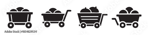 Mining carts filled with ore are depicted in a set of four distinct black silhouette icons, representing industrial transportation and excavation.