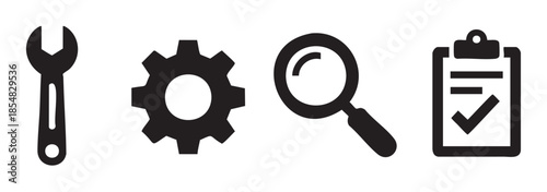 Wrench, gear, magnifying glass, and clipboard icons represent essential tools for service, settings, search, and task management in various applications.