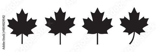Four black maple leaf silhouettes with varying shapes and stems are arranged horizontally, representing autumn, nature, and Canadian symbolism.