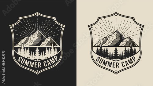 Summer camp vintage badge illustration with mountains, pine forest, and sun rays, outdoor adventure emblem design for camping apparel, logos, and nature branding