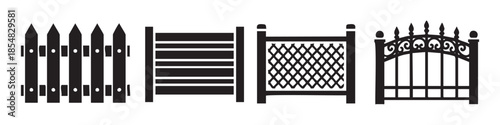 Various fence and gate silhouette designs showcasing different styles from classic picket to modern horizontal and ornate wrought iron patterns.