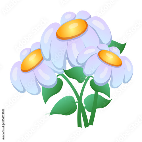 Colorful cartoon daisies with yellow centers and green leaves on white background
