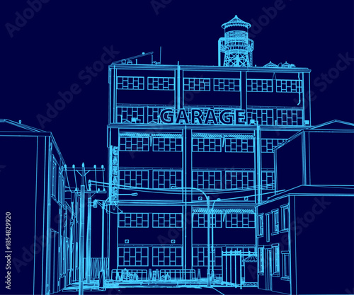An abandoned factory blueprint features a clock tower contour, illuminated by street lights amid poles and wires under a deep blue sky.