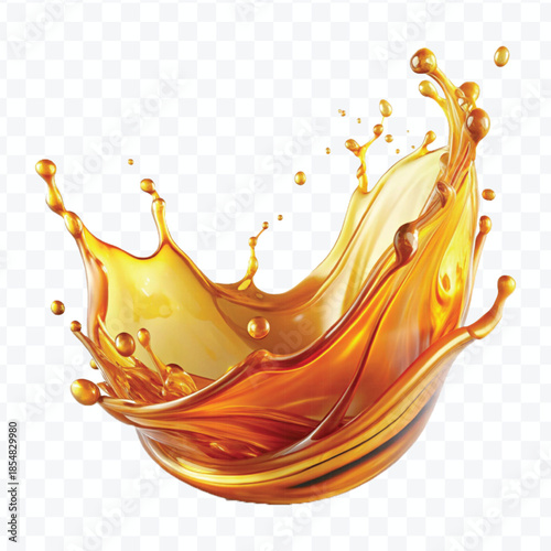 realistic fresh liquid honey or oil splash with drops  in curve style isolated on transparent background