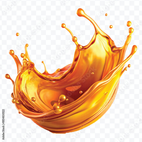 realistic fresh liquid honey or oil splash with drops  in curve style isolated on transparent background