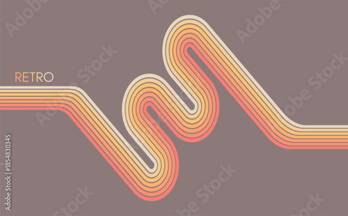 A retro 1970s-style background. Colorful lines. Abstract, dynamic curved ribbons. A serpentine curve of a race track. Designed for posters or banners for sports competitions. Vector illustration.