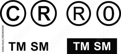 Copyright symbol, registered trademark icon, service mark, TM SM text, intellectual property vector illustration, legal protection, branding rights, business identity design