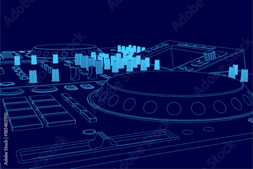 A detailed blueprint of a DJ mixer console on a blue background highlights its electronic components and technical contour.