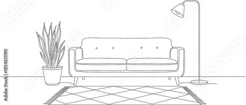 Modern living room interior with sofa, plant, and lamp