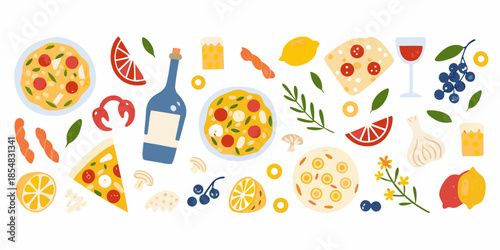 A colorful illustration displaying various italian foods and refreshing drink selections