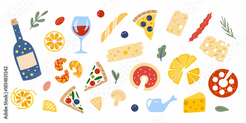 A colorful collection of food items including pizza wine and various snacks