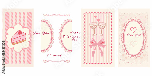 Four decorative pink and white bookmarks with hearts cake and champagne