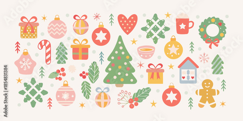 Festive christmas decorations ornaments trees gingerbread and wreaths in a playful pattern