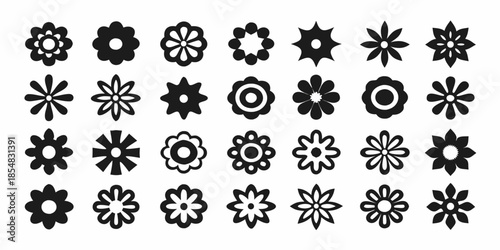 Collection of diverse black floral and star shaped graphic elements arranged in a grid