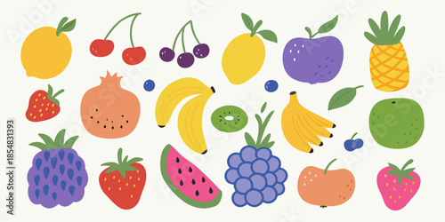 A colorful collection of various fresh fruits in a playful illustration