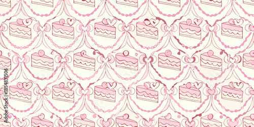 A repeating pattern of pink cakes and heart shaped decorations on white