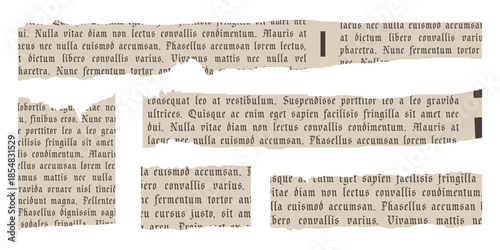 Collage newspaper ripped elements. Trendy retro vintage paper cut, rip torn, notebook sheet. Old gazette news sheet set for scrapbook. Isolated vector illustration on transparent background.