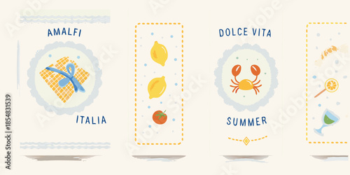 Italian summer themed cards featuring gifts lemons crabs and cocktails