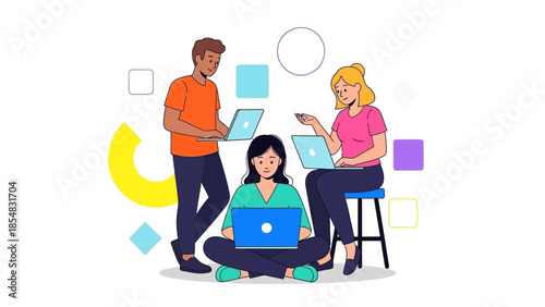 Business woman and man working in office illustration with laptop and desk cartoon icon