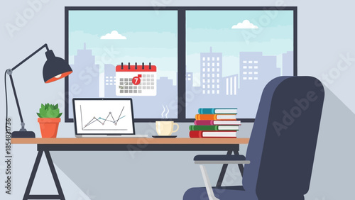 A professional businessman and a focused secretary work together on laptops at a modern office desk with stylish furniture and technology in this flat vector interior illustration