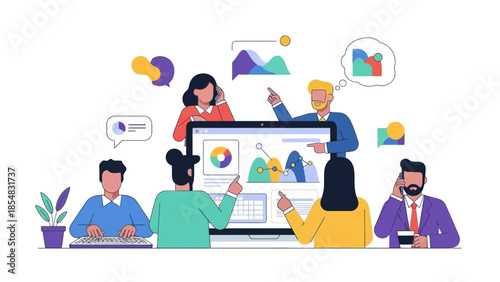 Modern business people in a meeting room using laptop and tablet technology for internet communication and social media network connection within a professional community illustration concept