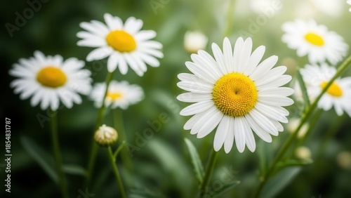 Close-up of a group of white and yellow daisies in a green field with soft sunlight