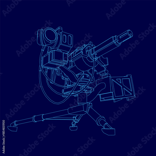 A modern heavy machine gun blueprint on a blue background, featuring detailed components and precise targeting mechanisms for technical illustration.