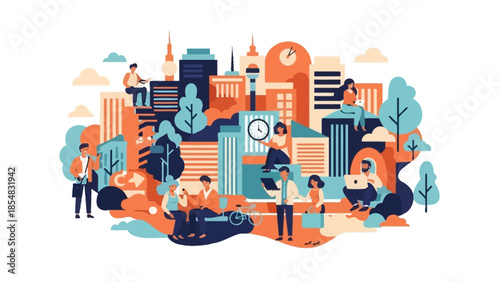 Urban city life illustration with people and buildings