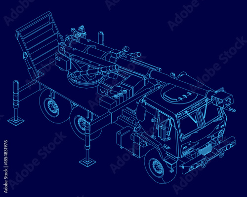 A military truck blueprint features a rocket launcher mounted on its rear contour, set against a clean blue technical background.