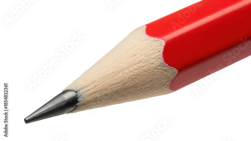 Sharpened red pencil PNG isolated on transparent background, close-up macro shot of graphite tip for drawing and writing