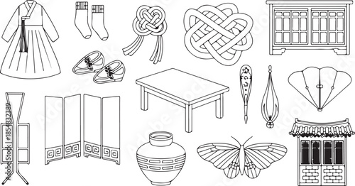 line art icons representing traditional Korean cultural items and symbols.