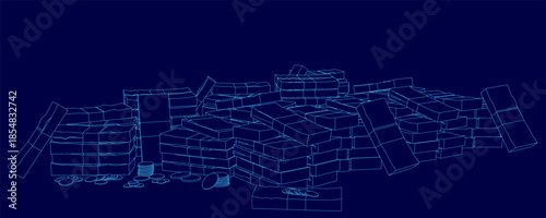 A neat pile of boxes forms a money contour on a stark blue background. This 3D model illustrates financial growth and stacking concepts.