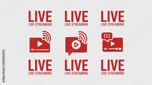 Set of red live streaming icons on gray background.