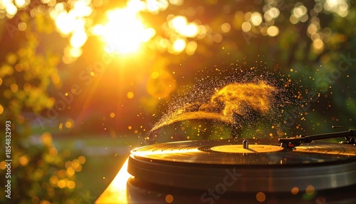 Golden Sunlight Shines on a Vintage Turntable with Particles Dancing in the Air Outdoors