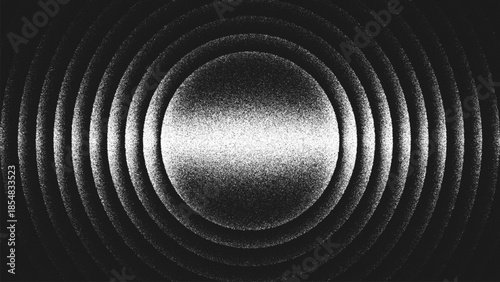 Circular banner made of stippling dots with rhythmic concentric waves. Symmetrical geometry creating depth focus and vibration. Circular geometric design with layered radial waves and central banner